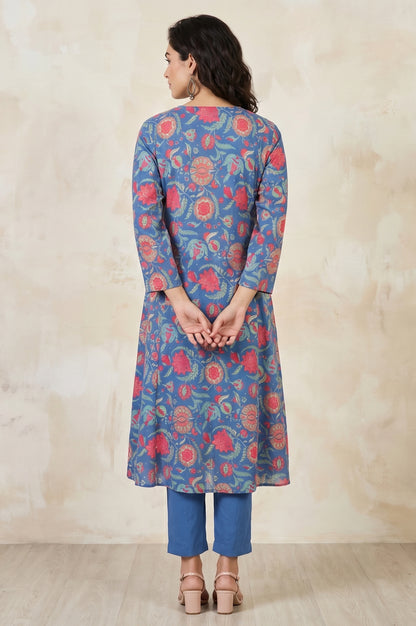 Blue Floral Printed Rayon Straight Kurta With Pants and Dupatta Set