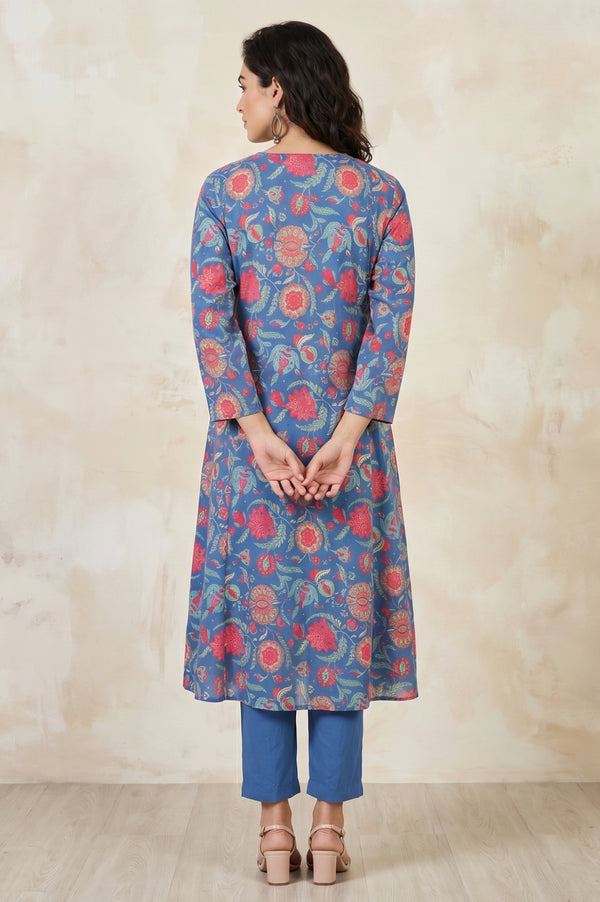 Blue Floral Printed Rayon Straight Kurta With Pants and Dupatta Set