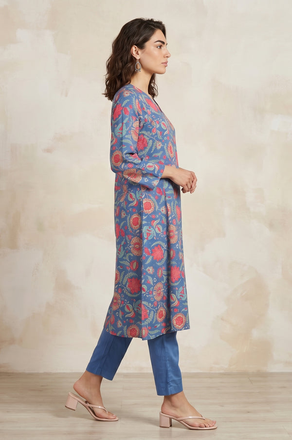 Blue Floral Printed Rayon Straight Kurta With Pants and Dupatta Set
