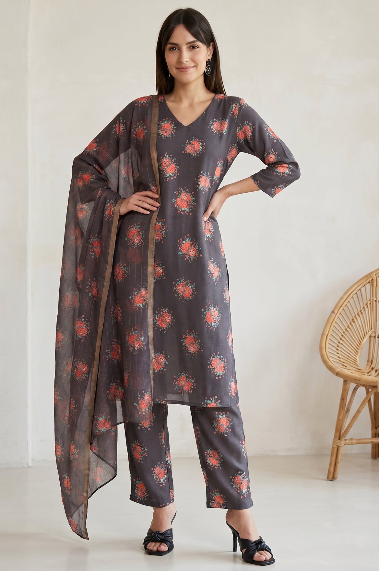 Charcoal Floral Printed Rayon Straight Kurta With Pants and Dupatta Set