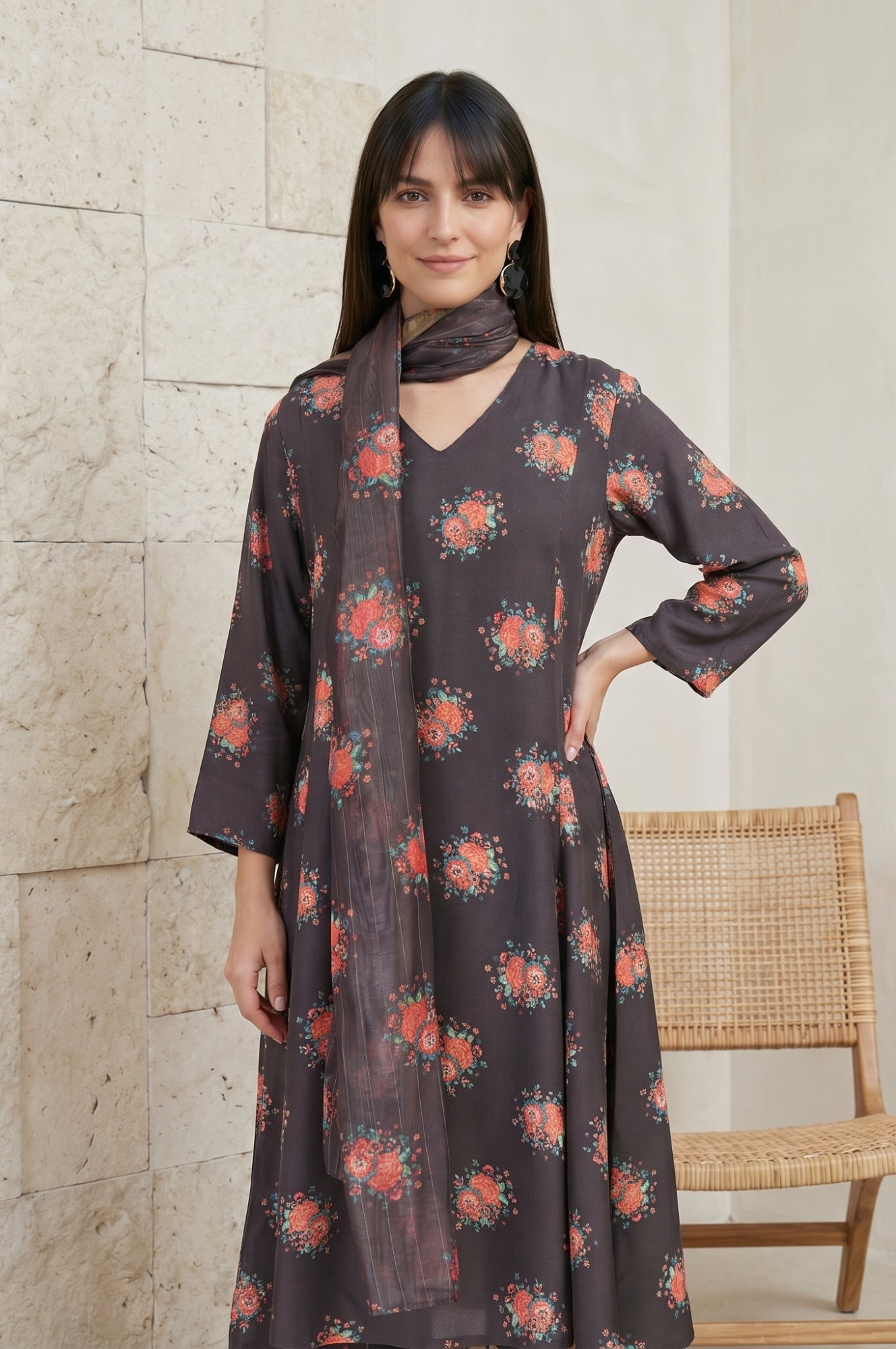 Charcoal Floral Printed Rayon Straight Kurta With Pants and Dupatta Set