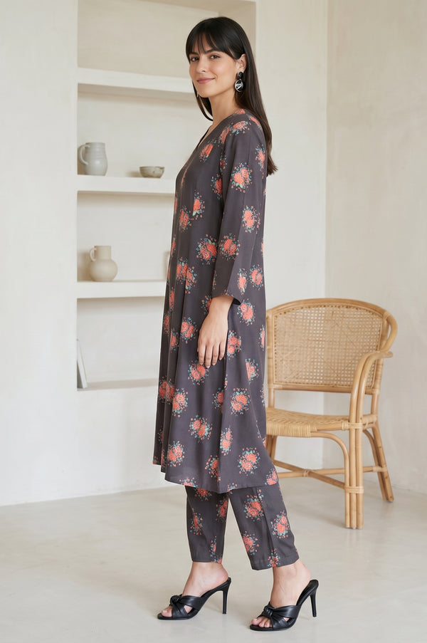 Charcoal Floral Printed Rayon Straight Kurta With Pants and Dupatta Set