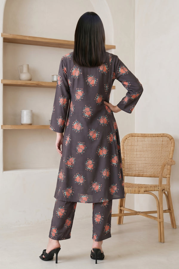 Charcoal Floral Printed Rayon Straight Kurta With Pants and Dupatta Set