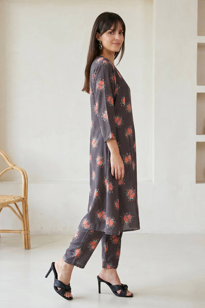 Charcoal Floral Printed Rayon Straight Kurta With Pants and Dupatta Set