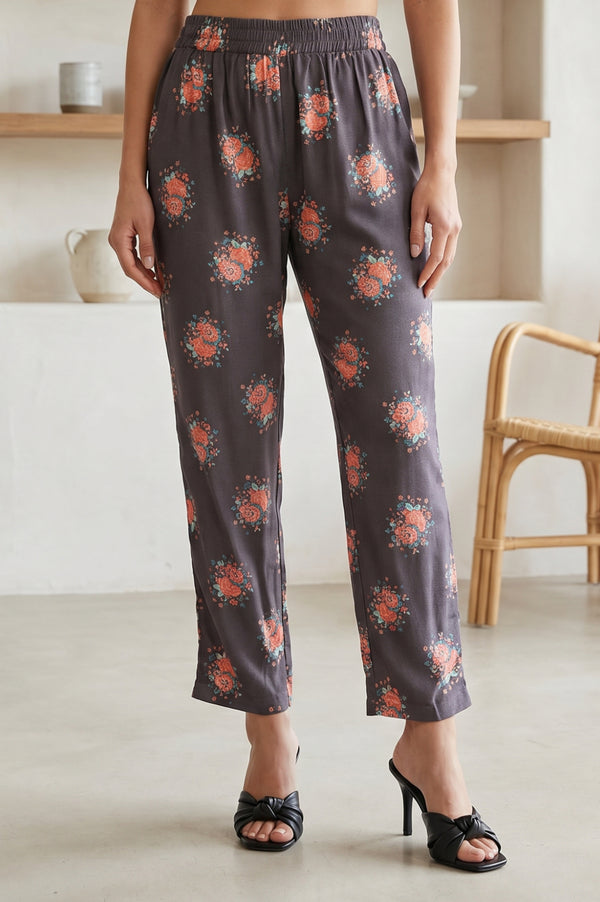Charcoal Floral Printed Rayon Straight Kurta With Pants and Dupatta Set