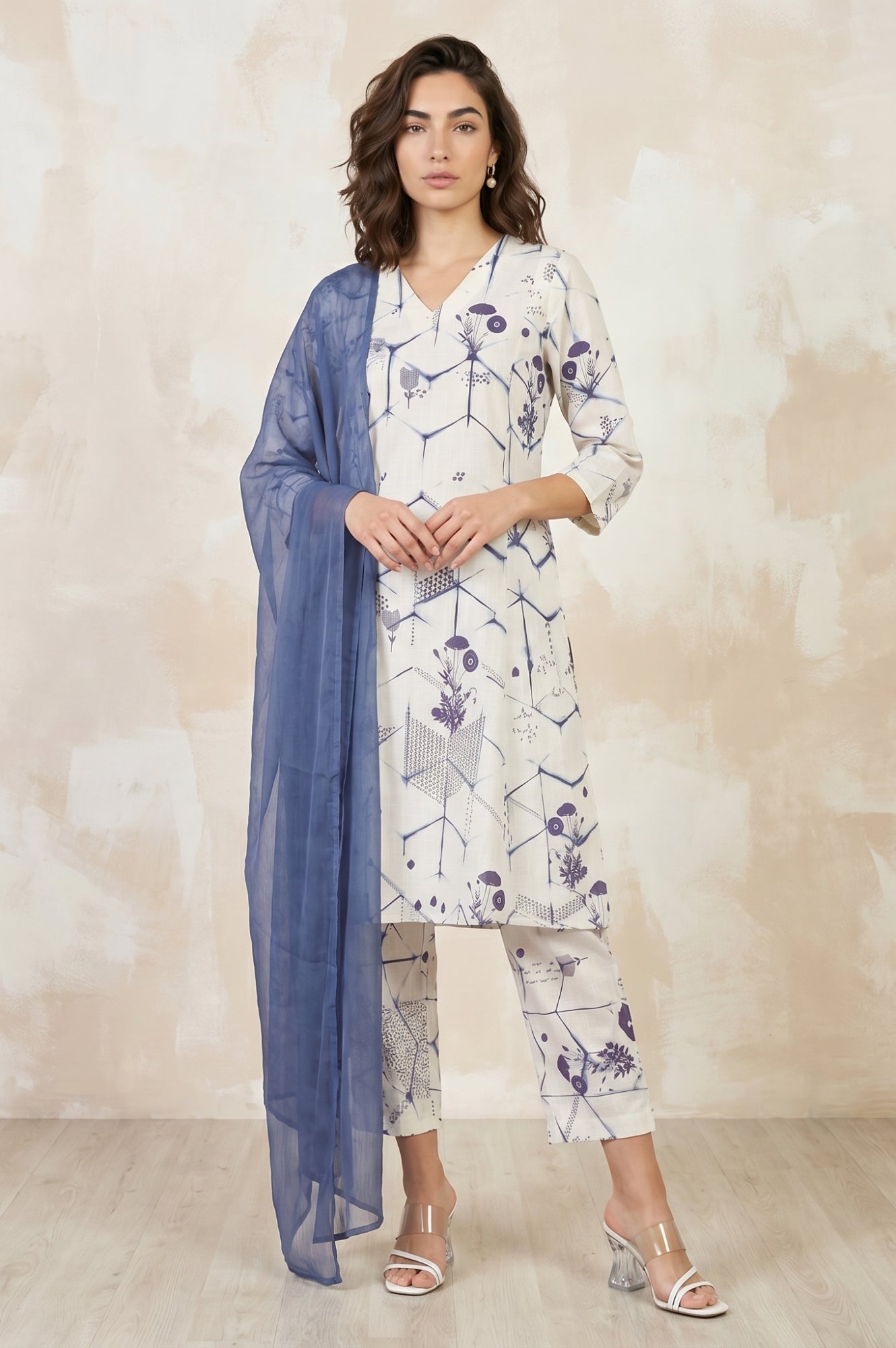 Off White Geometric Printed Pure Cotton Straight Kurta With Pants and Dupatta Set