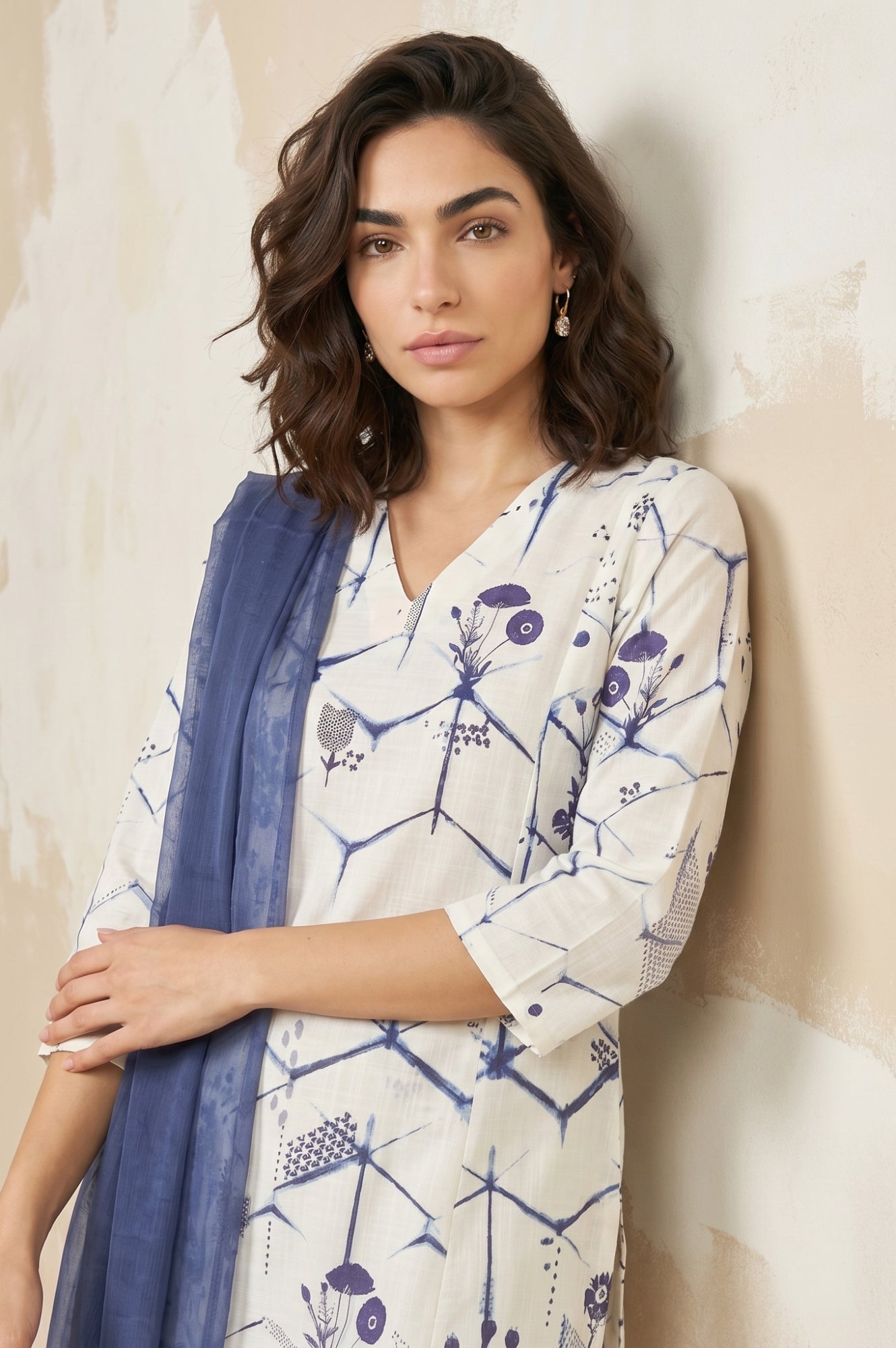 Off White Geometric Printed Pure Cotton Straight Kurta With Pants and Dupatta Set