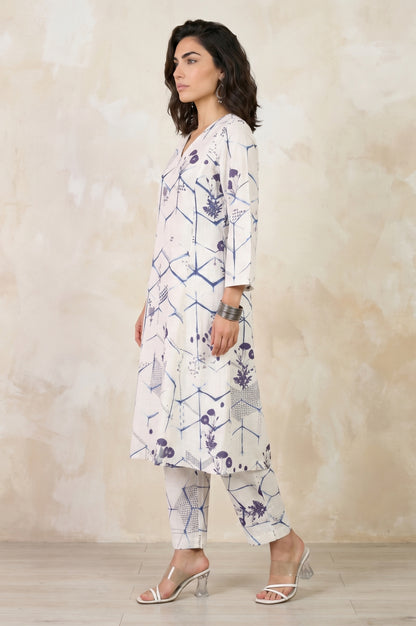 Off White Geometric Printed Pure Cotton Straight Kurta With Pants and Dupatta Set