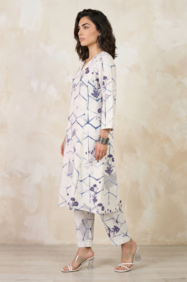 Off White Geometric Printed Pure Cotton Straight Kurta With Pants and Dupatta Set