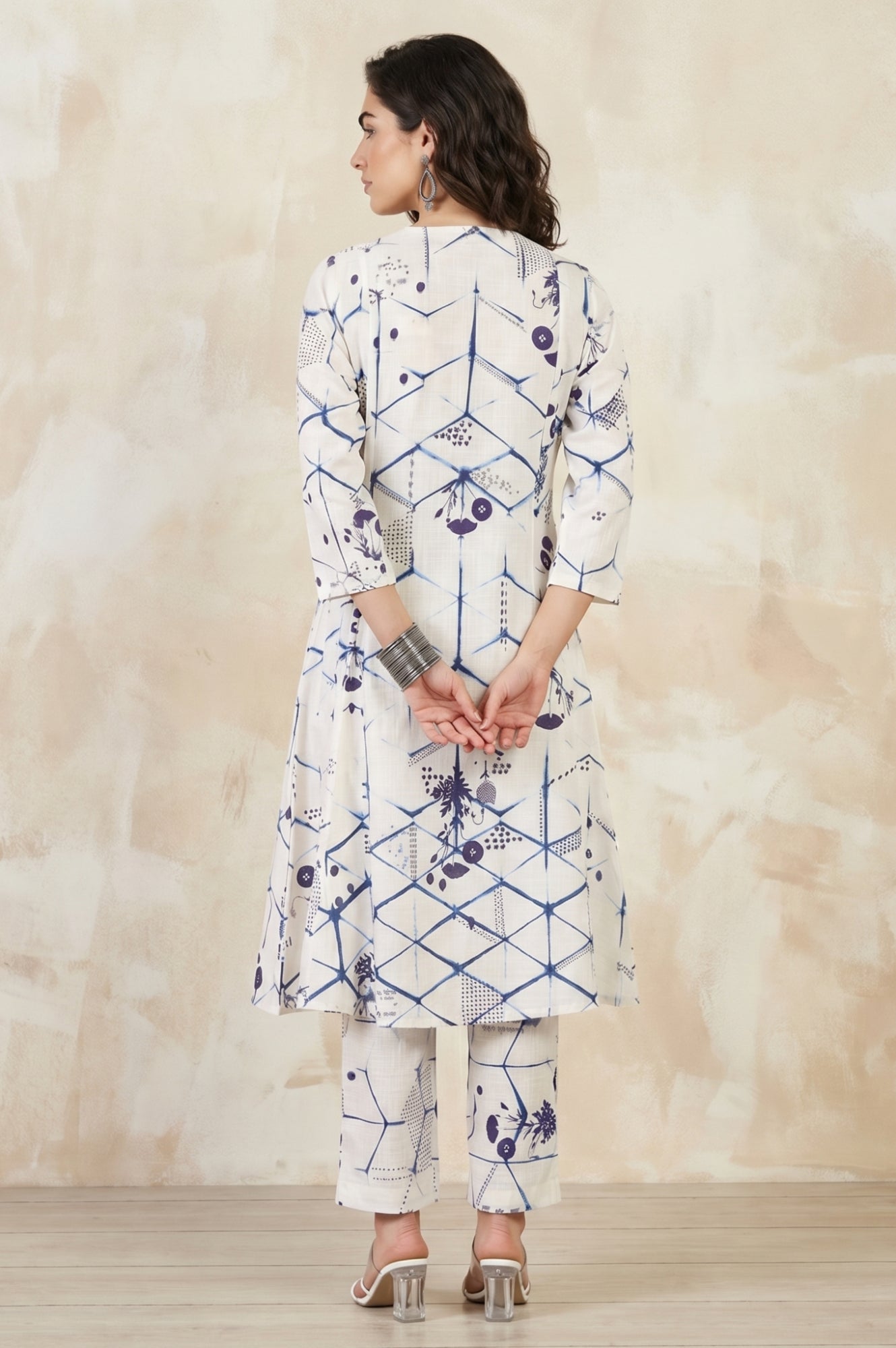 Off White Geometric Printed Pure Cotton Straight Kurta With Pants and Dupatta Set