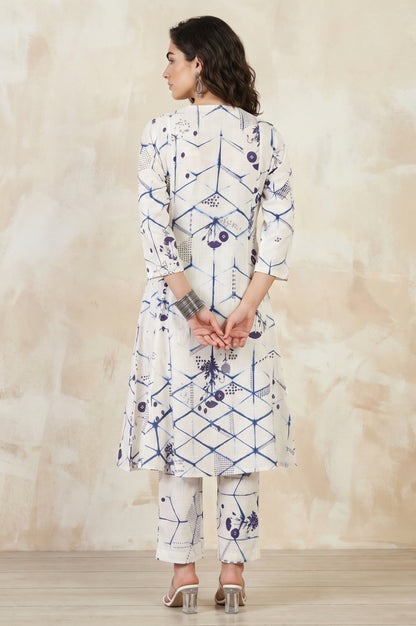 Off White Geometric Printed Pure Cotton Straight Kurta With Pants and Dupatta Set