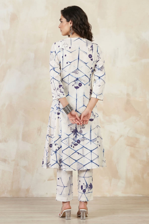 Off White Geometric Printed Pure Cotton Straight Kurta With Pants and Dupatta Set