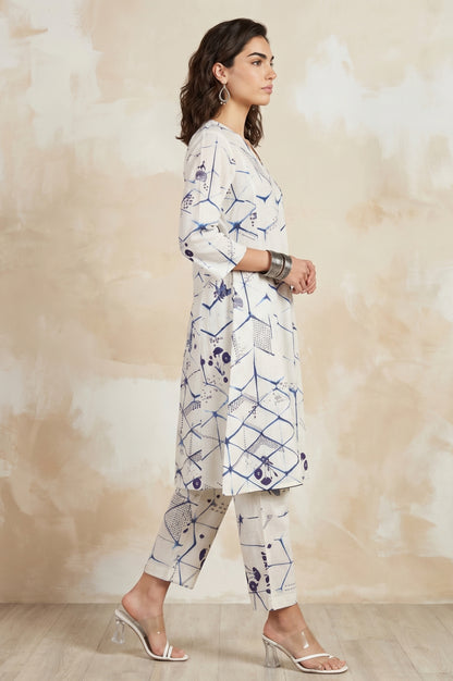 Off White Geometric Printed Pure Cotton Straight Kurta With Pants and Dupatta Set