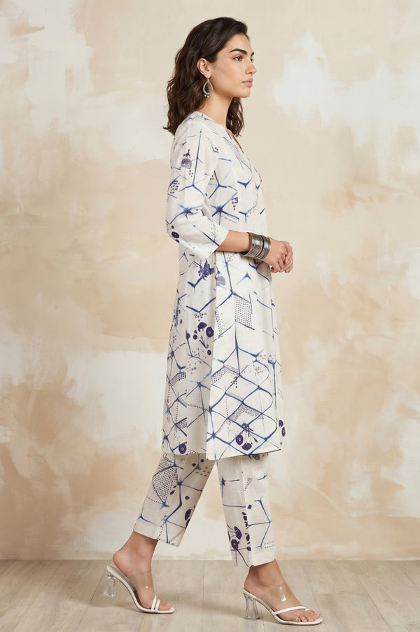 Off White Geometric Printed Pure Cotton Straight Kurta With Pants and Dupatta Set