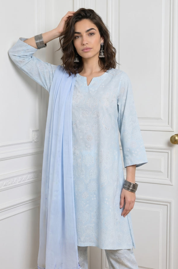 Blue Floral Printed Pure Cotton Straight Kurta With Pants and Dupatta Set