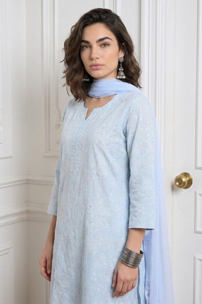 Blue Floral Printed Pure Cotton Straight Kurta With Pants and Dupatta Set