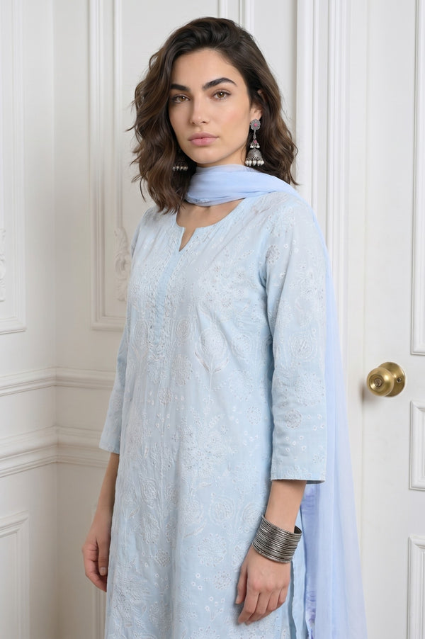 Blue Floral Printed Pure Cotton Straight Kurta With Pants and Dupatta Set