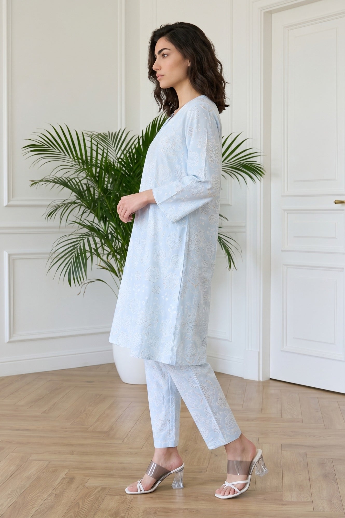 Blue Floral Printed Pure Cotton Straight Kurta With Pants and Dupatta Set