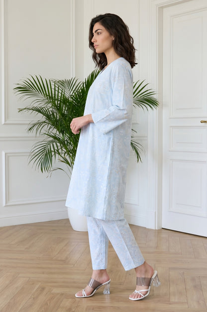 Blue Floral Printed Pure Cotton Straight Kurta With Pants and Dupatta Set