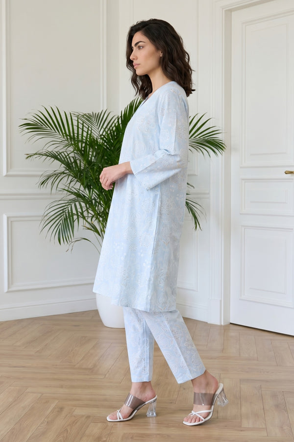 Blue Floral Printed Pure Cotton Straight Kurta With Pants and Dupatta Set