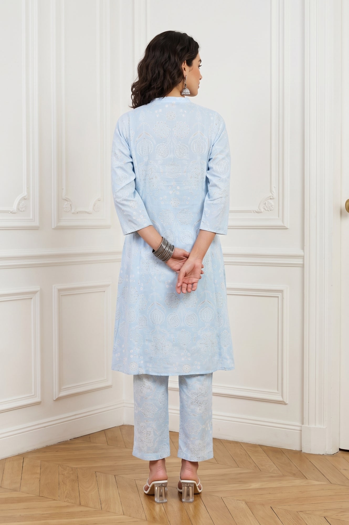 Blue Floral Printed Pure Cotton Straight Kurta With Pants and Dupatta Set