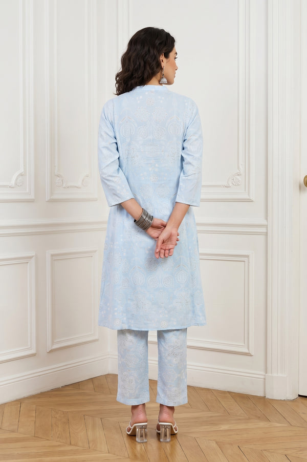 Blue Floral Printed Pure Cotton Straight Kurta With Pants and Dupatta Set