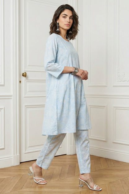Blue Floral Printed Pure Cotton Straight Kurta With Pants and Dupatta Set