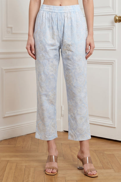 Blue Floral Printed Pure Cotton Straight Kurta With Pants and Dupatta Set