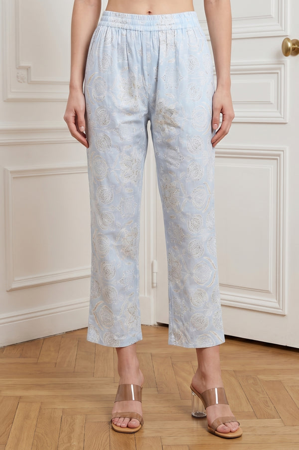 Blue Floral Printed Pure Cotton Straight Kurta With Pants and Dupatta Set
