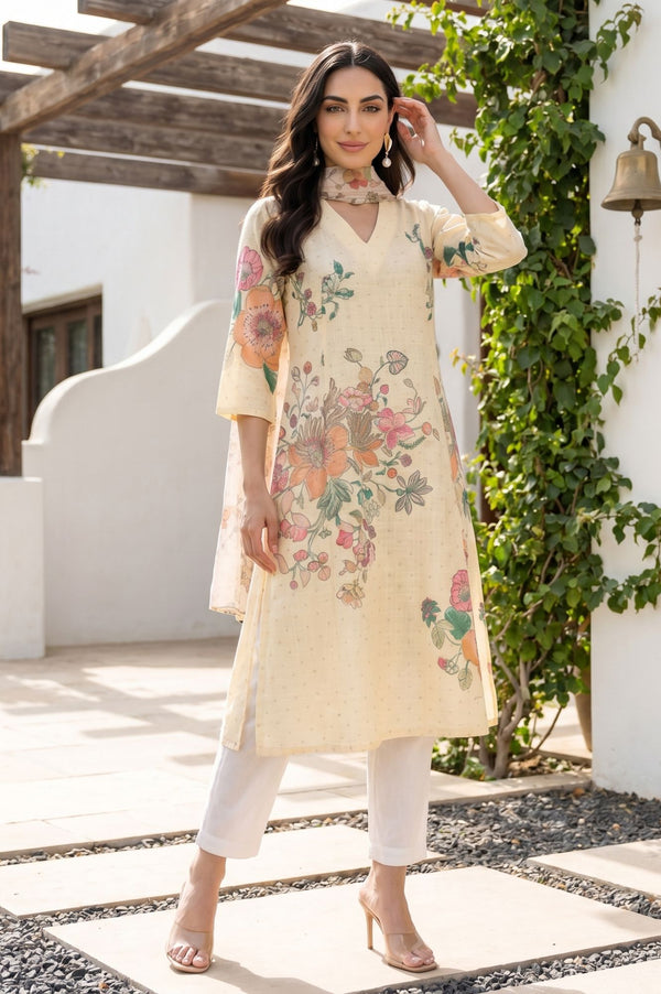 Light Yellow Floral Printed Straight Kurta with Straight Pants and Dupatta Set