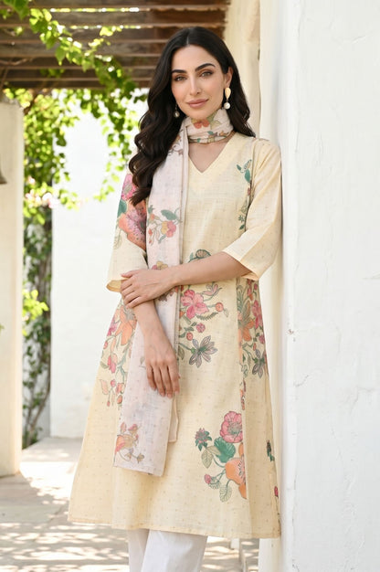 Light Yellow Floral Printed Straight Kurta with Straight Pants and Dupatta Set