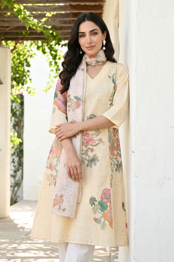 Light Yellow Floral Printed Straight Kurta with Straight Pants and Dupatta Set