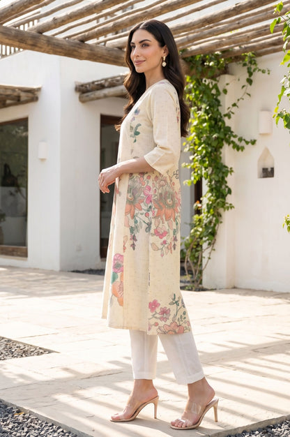 Light Yellow Floral Printed Straight Kurta with Straight Pants and Dupatta Set