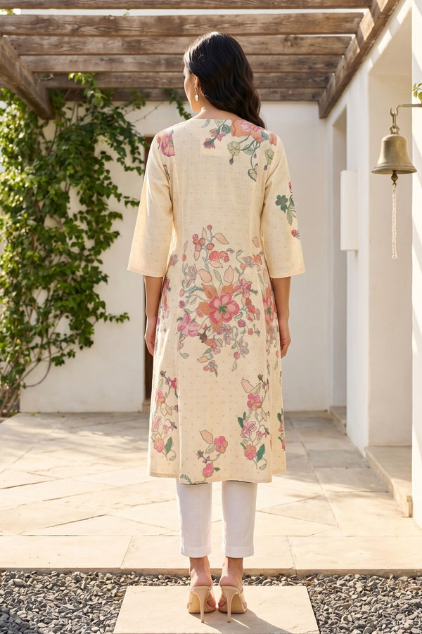 Light Yellow Floral Printed Straight Kurta with Straight Pants and Dupatta Set