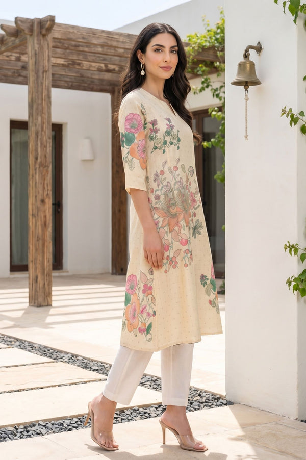 Light Yellow Floral Printed Straight Kurta with Straight Pants and Dupatta Set