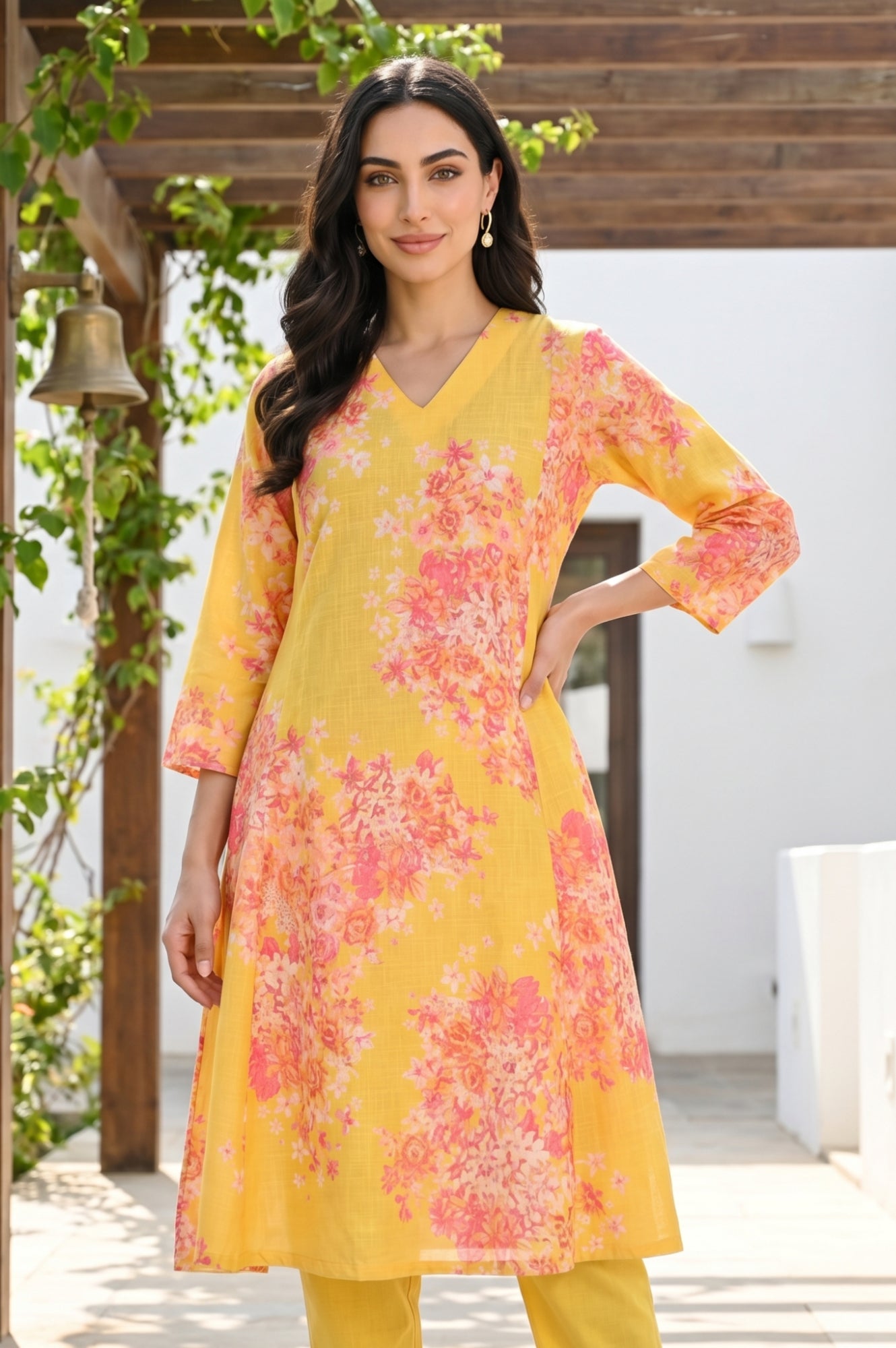 Yellow Floral Printed Pure Cotton A-line Kurta with Trousers Set