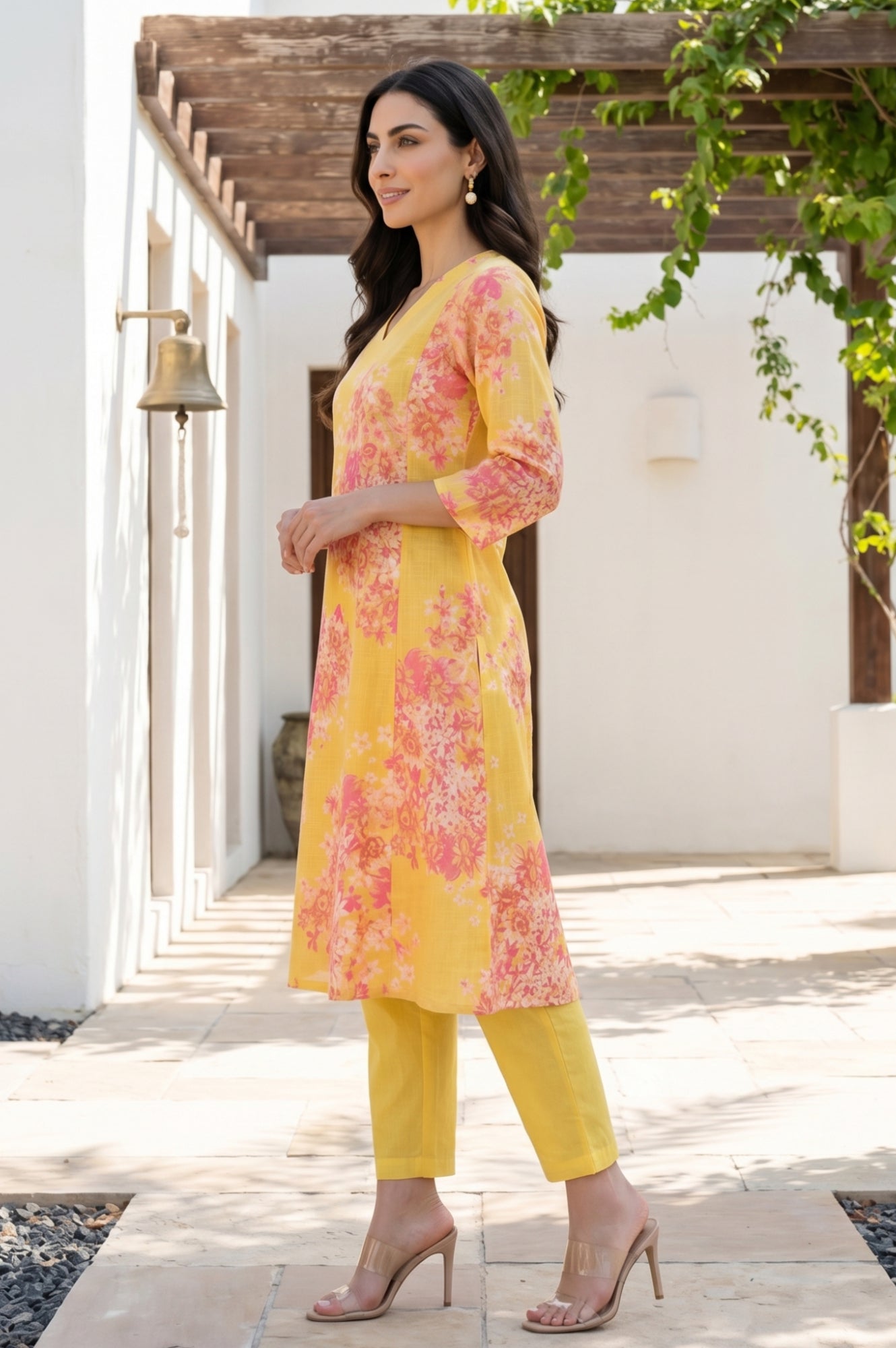 Yellow Floral Printed Pure Cotton A-line Kurta with Trousers Set