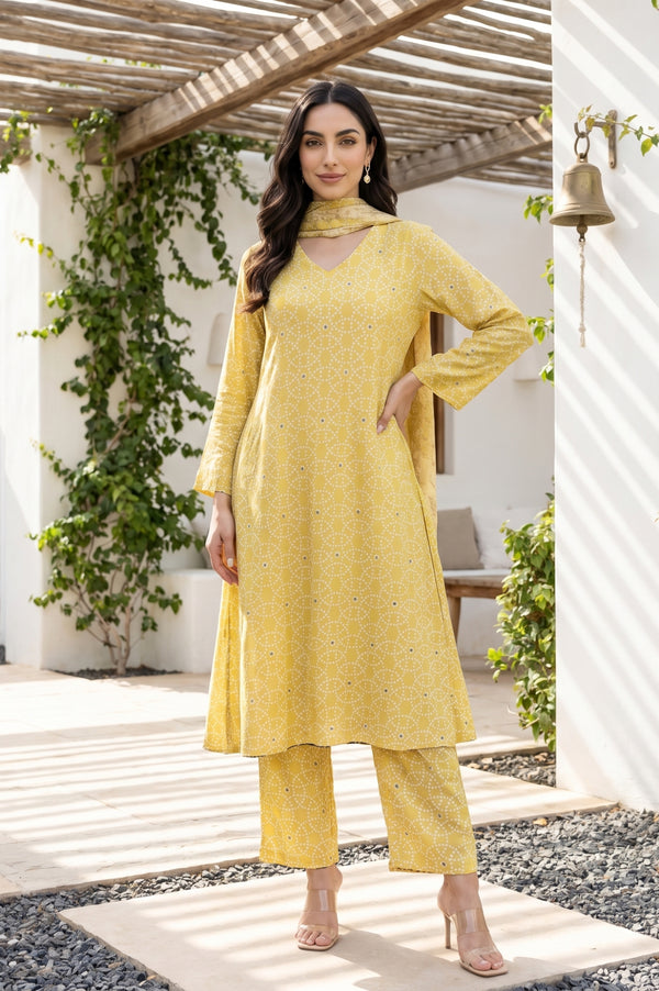 Mustard Geometric Printed Rayon Straight Kurta With Pants and Dupatta Set