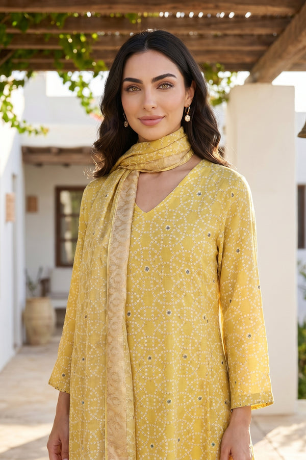 Mustard Geometric Printed Rayon Straight Kurta With Pants and Dupatta Set