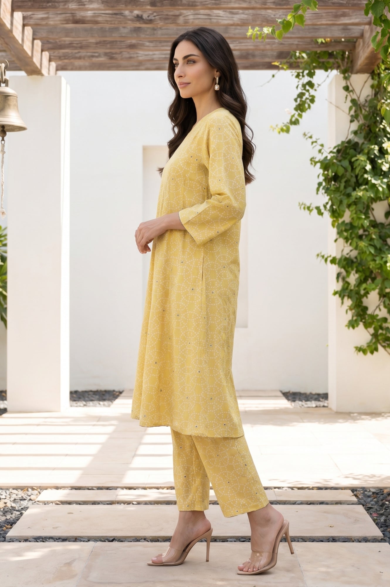 Mustard Geometric Printed Rayon Straight Kurta With Pants and Dupatta Set
