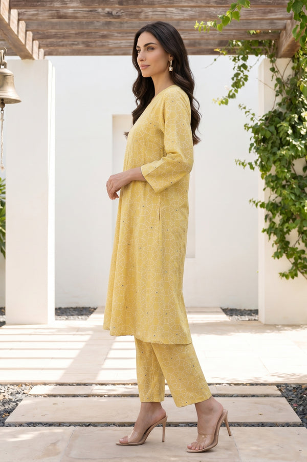 Mustard Geometric Printed Rayon Straight Kurta With Pants and Dupatta Set