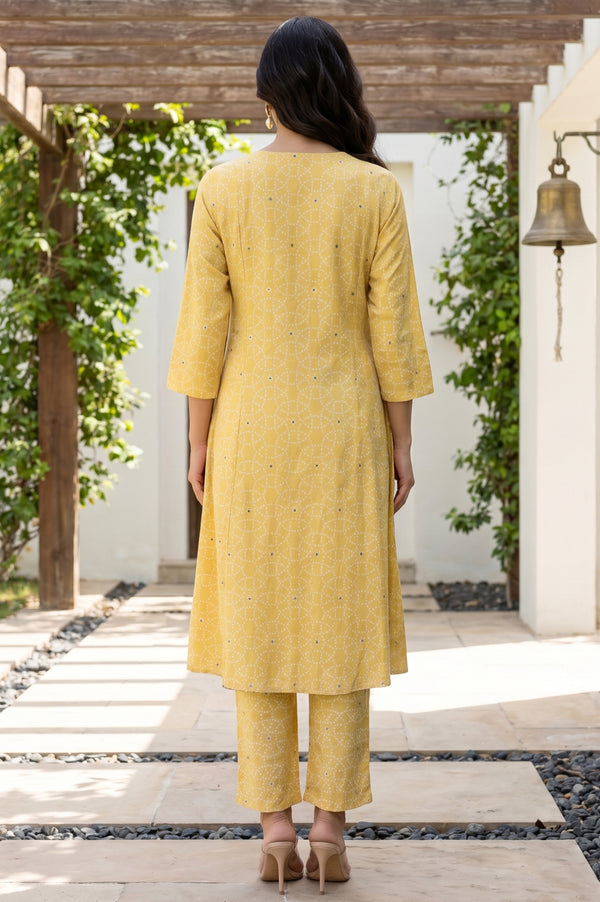 Mustard Geometric Printed Rayon Straight Kurta With Pants and Dupatta Set