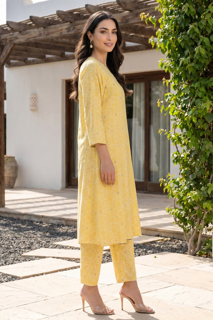 Mustard Geometric Printed Rayon Straight Kurta With Pants and Dupatta Set