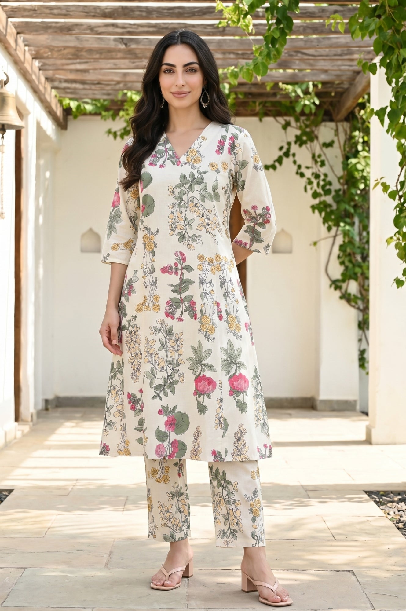 Off White Floral Printed Pure Cotton A-line Kurta with Pants Co-ord Set