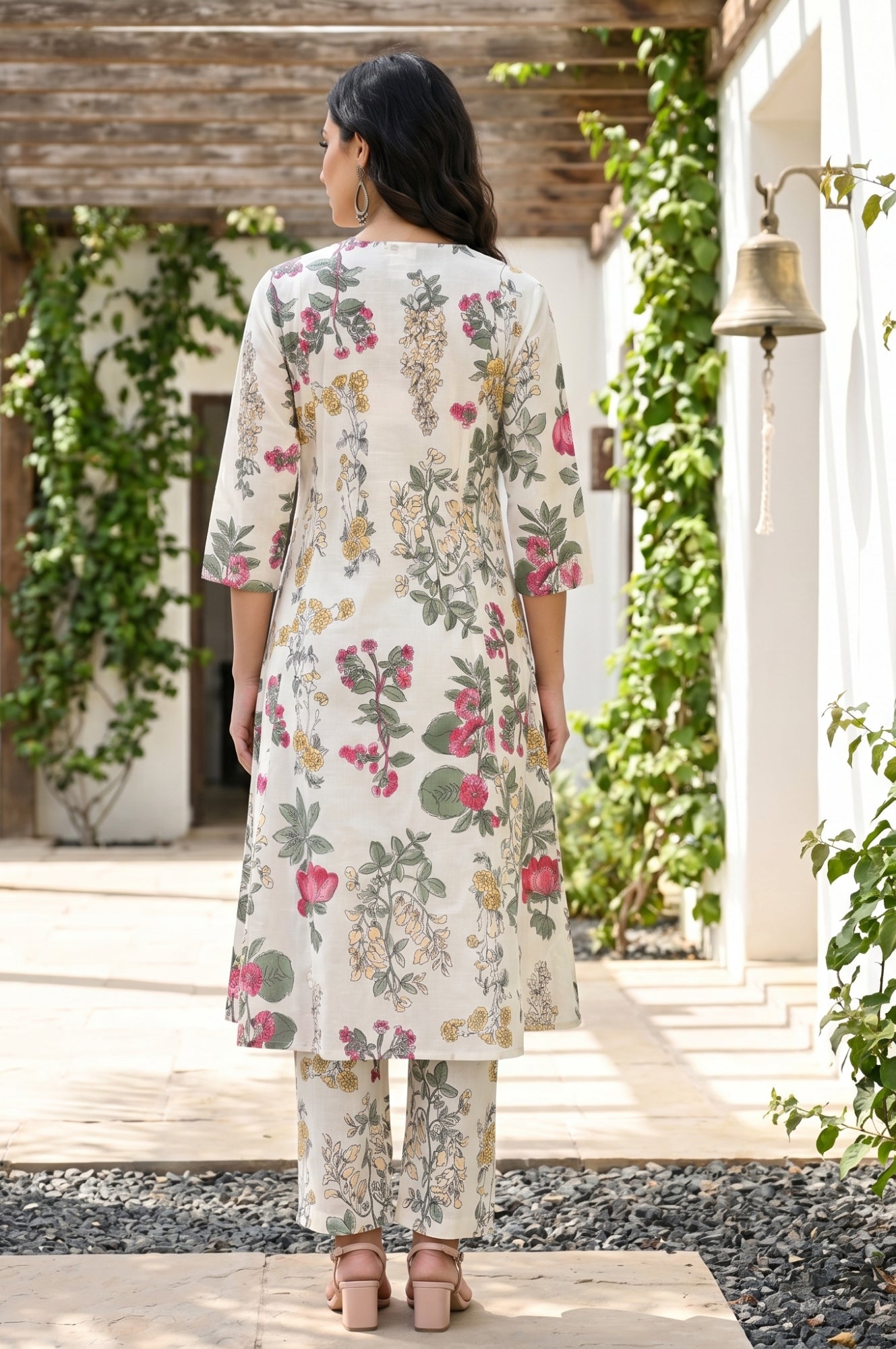 Off White Floral Printed Pure Cotton A-line Kurta with Pants Co-ord Set