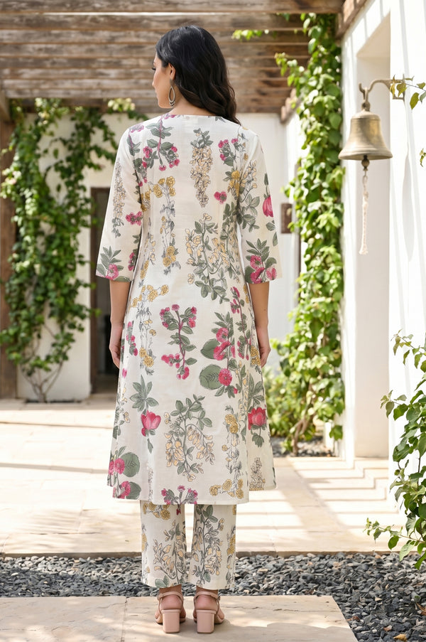 Off White Floral Printed Pure Cotton A-line Kurta with Pants Co-ord Set