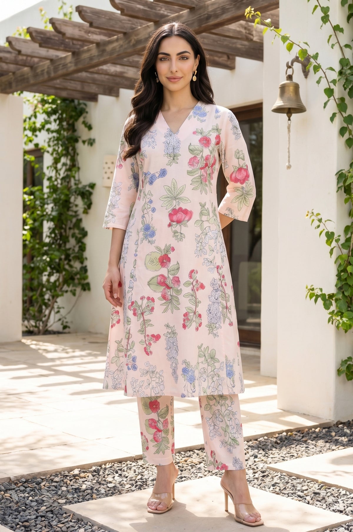 Peach Floral Printed Pure Cotton A-line Kurta with Pants Co-ord Set - XL