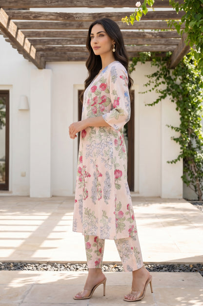 Peach Floral Printed Pure Cotton A-line Kurta with Pants Co-ord Set