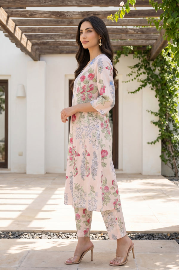 Peach Floral Printed Pure Cotton A-line Kurta with Pants Co-ord Set