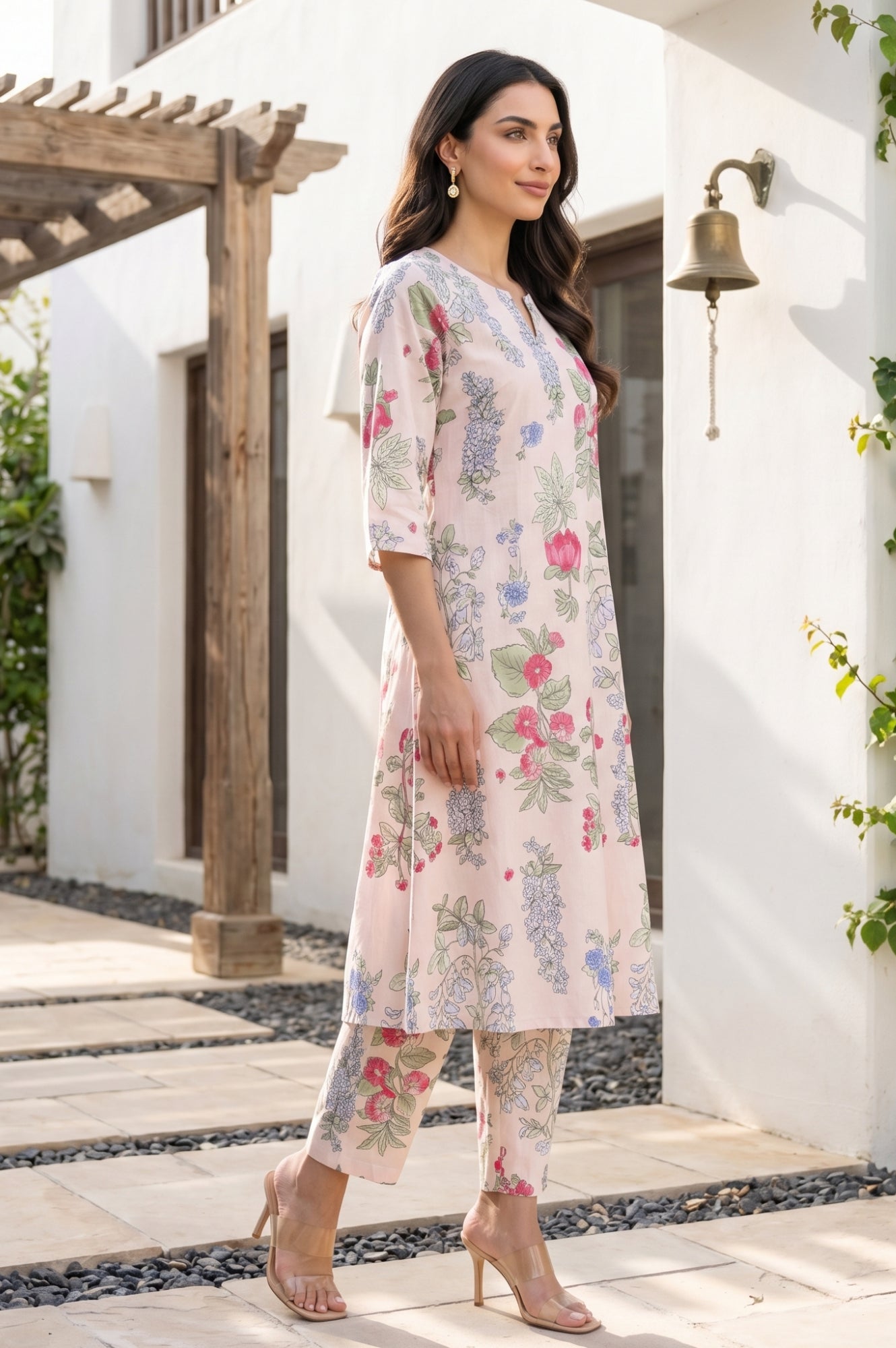 Peach Floral Printed Pure Cotton A-line Kurta with Pants Co-ord Set